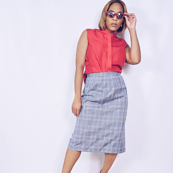Silk Belnd Plaid Pencil Skirt - Picture 2 of 9